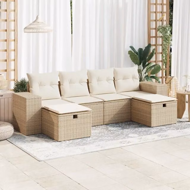 Set Divano da Giardino a L vidaXL in Polyrattan con Cuscini Beige e Bianchi, 6 Pezzi
