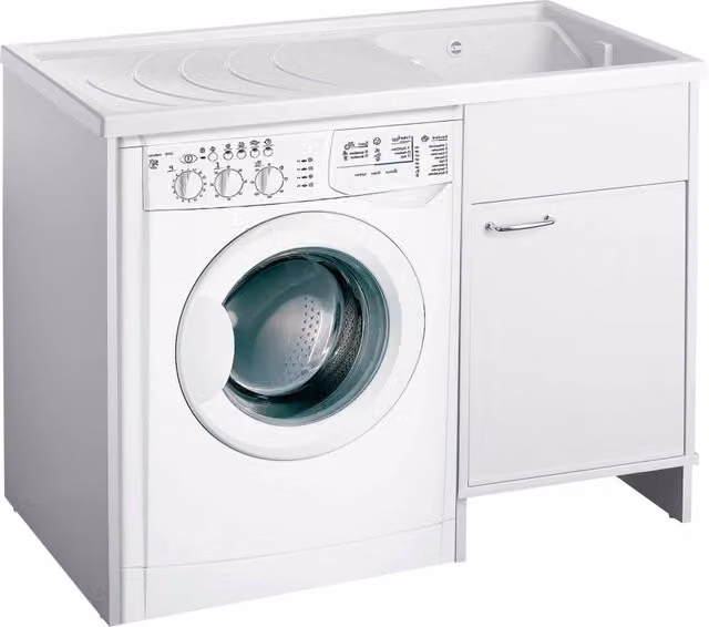 Mobile lavatoio con vasca e coprilavatrice reversibile in PVC bianco per interni ed esterni L: 109 cm, P: 60 cm
