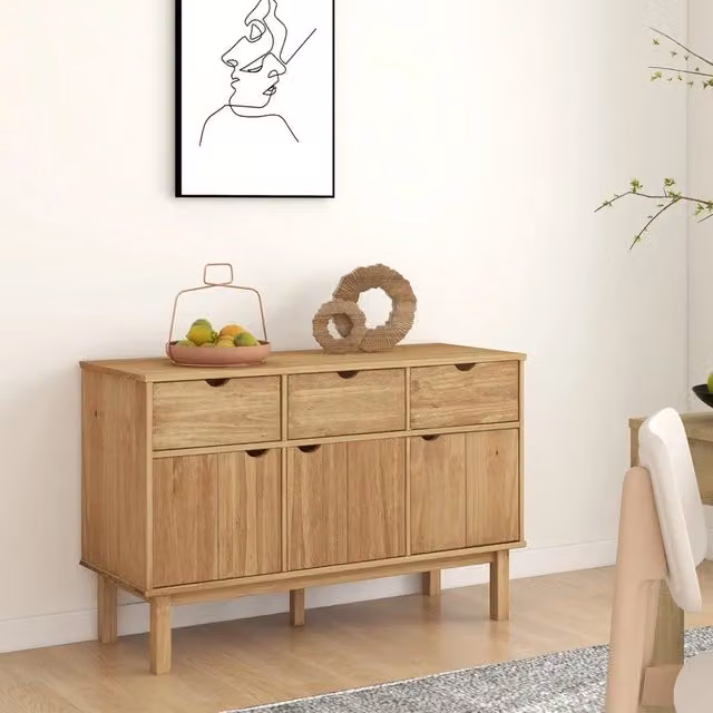 Credenza OTTA vidaXL in legno massello di pino marrone, stile scandinavo, L: 114 cm, P: 43 cm, H: 73,5 cm