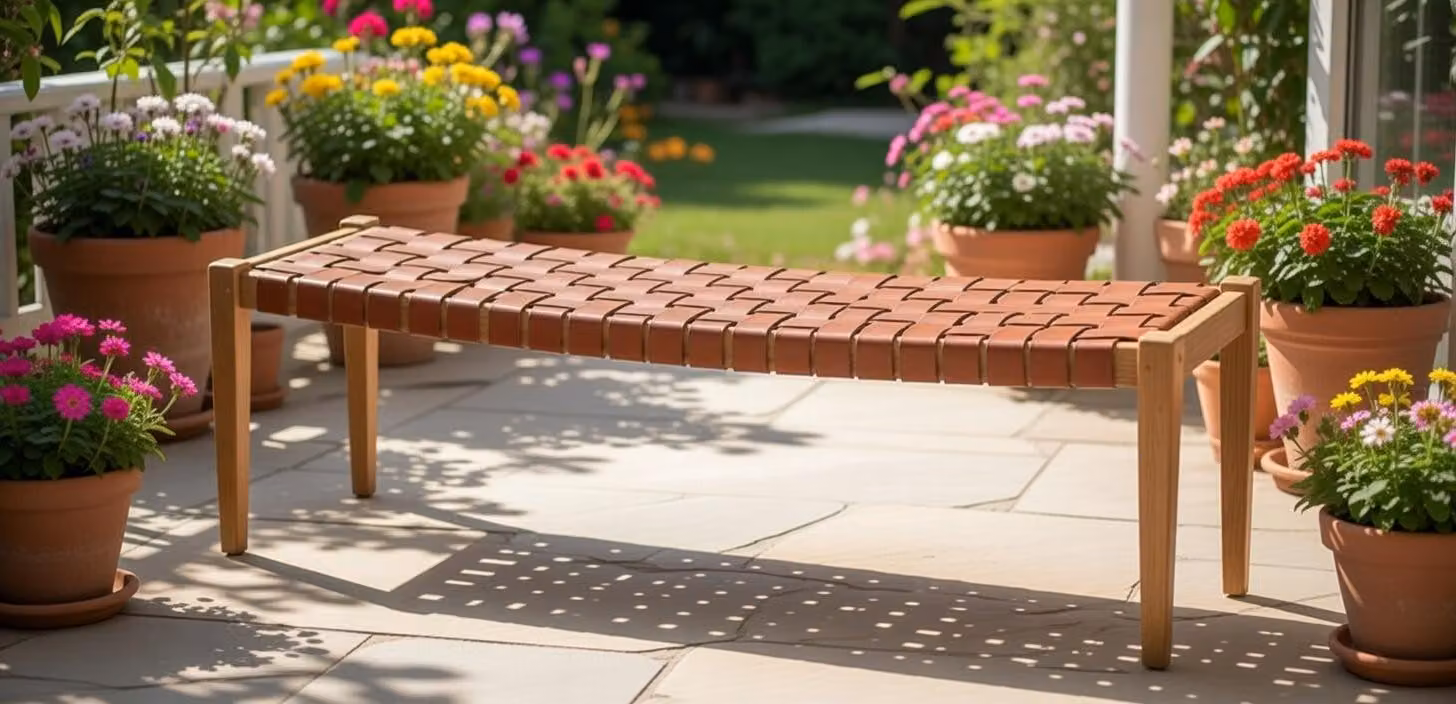 Elegante panchina da giardino in legno con rivestimento in pelle dal design raffinato