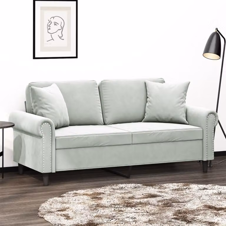 vidaXL Divano a 2 Posti Moderno in Velluto Grigio con Cuscini e Struttura in Metallo L: 140 cm, P: 80 cm, H: 77 cm