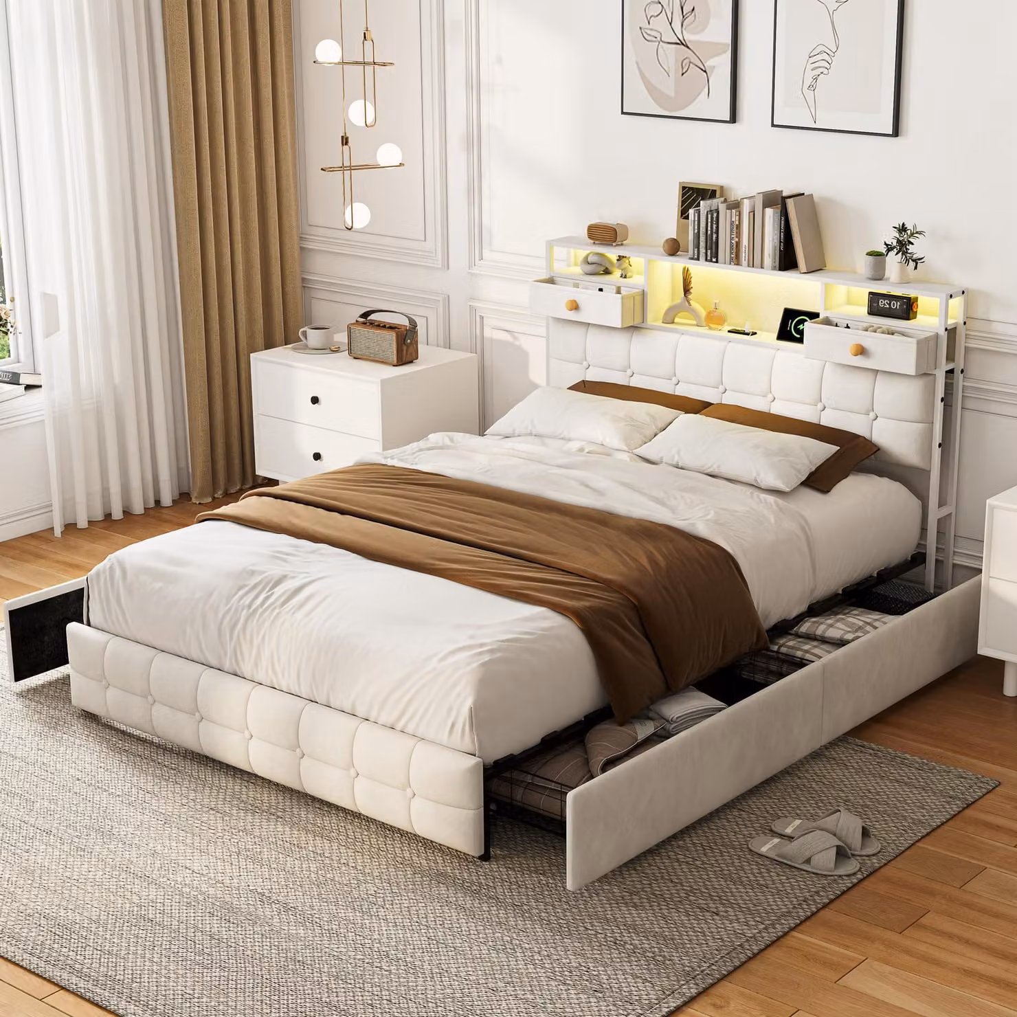Letto imbottito Moonbite 160x200 cm con cassetti, illuminazione a LED e presa USB, beige