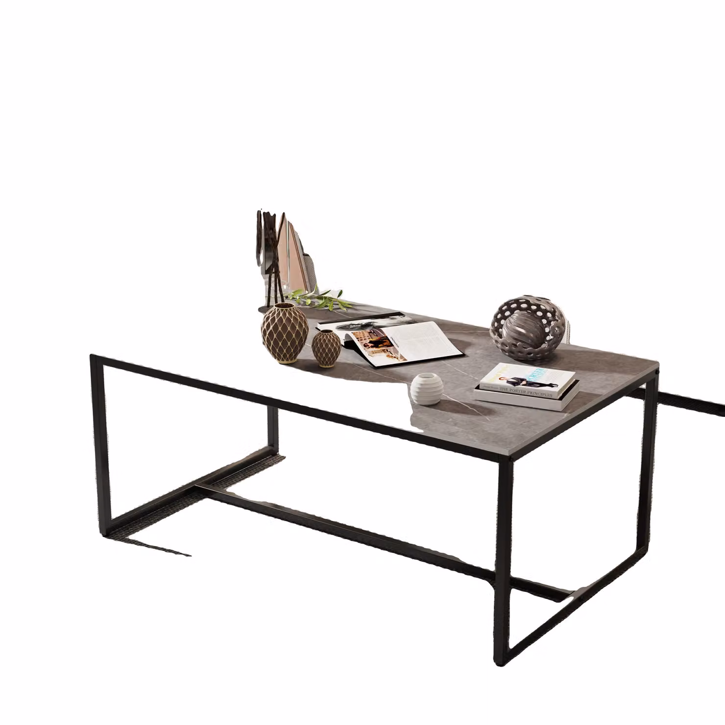 Tavolino, materiale pietra sinterizzata, struttura in metallo nero, grigio