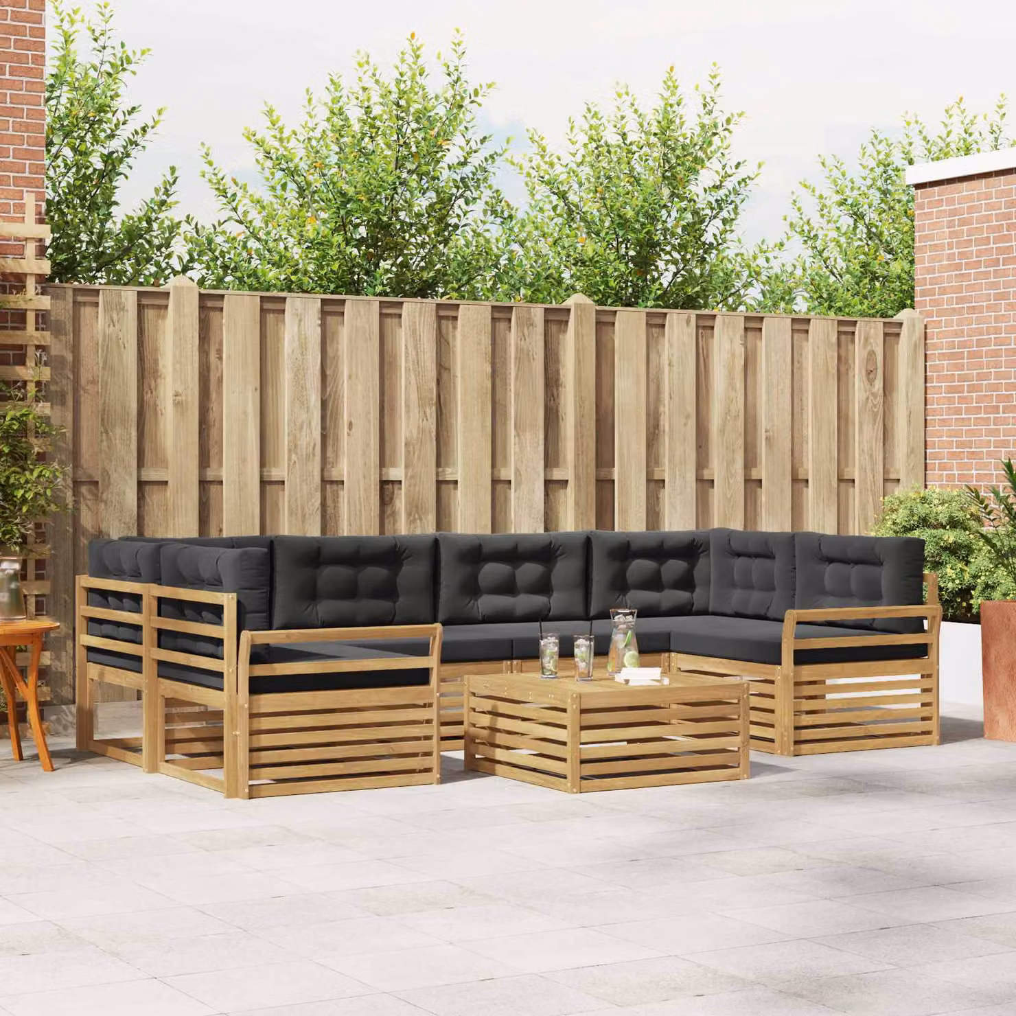 vidaXL Set di divani da esterno a forma di U composto da 7 pezzi in legno di acacia con cuscini, Bianco e Antracite