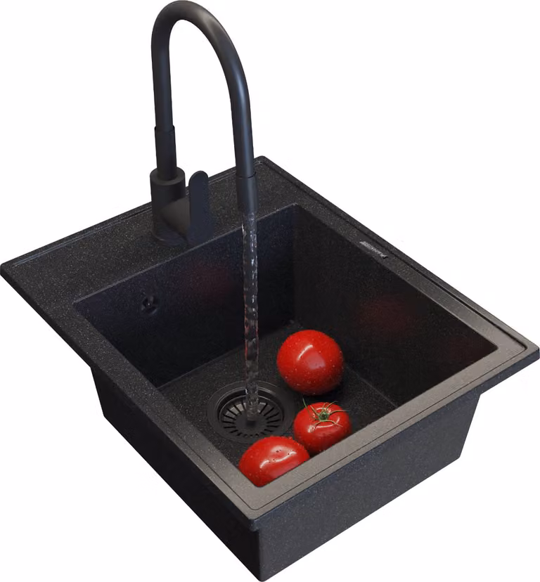 Granitan - Lavello in granito - Lavandino 50x40 cm - Lavello cucina nero - con miscelatore - NERO