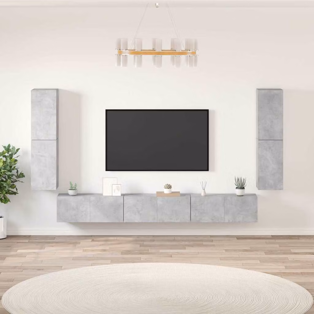 Set di mobili porta TV moderno vidaXL da 7 pezzi in legno e MDF, colore grigio, sospeso a parete