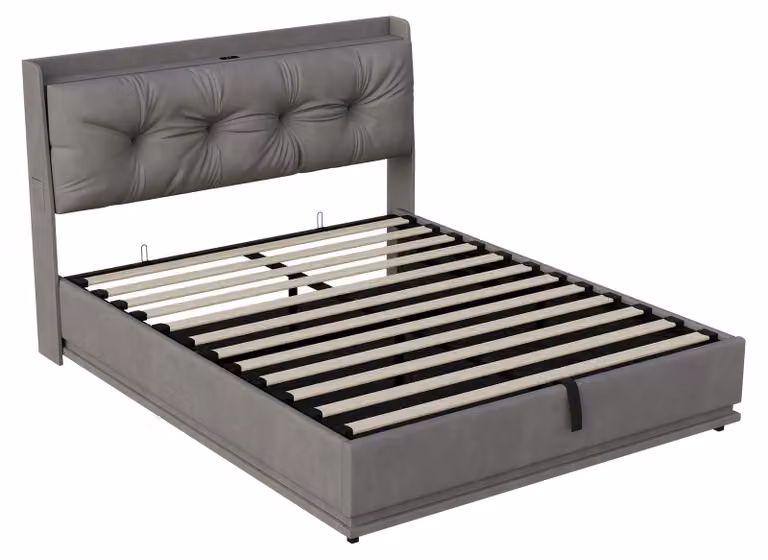 Letto imbottito - Letto matrimoniale - Contenitore portaoggetti - 140 x 190 cm - Rivestimento in velluto - Testiera - Struttura a listelli - Grigio