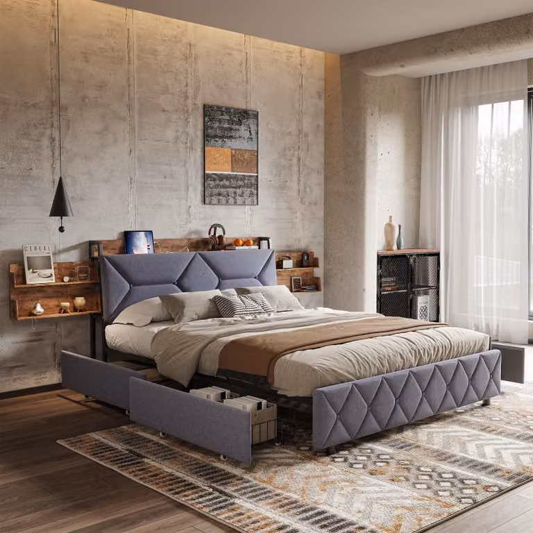 Letto matrimoniale imbottito 140x200 cm, contenitore, cassetti, schienale inclinato, testata scorrevole, velluto, grigio