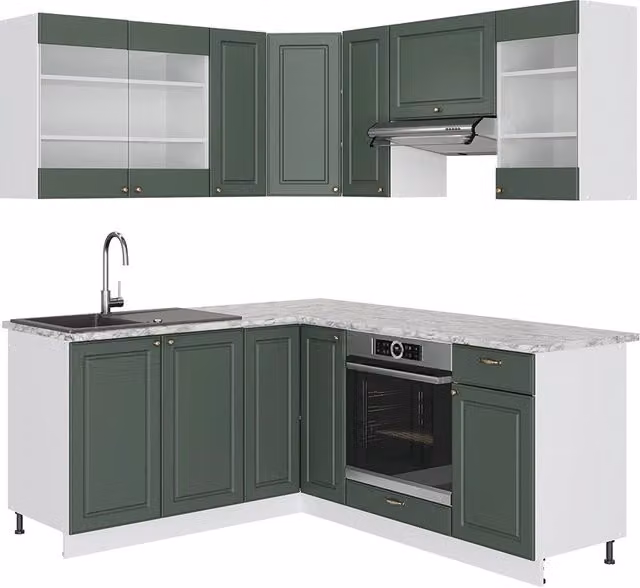 Cucina angolare completa Fame-Line Verde-oro rustico/Bianco 190 x 160 cm, PL Marmo Vicco