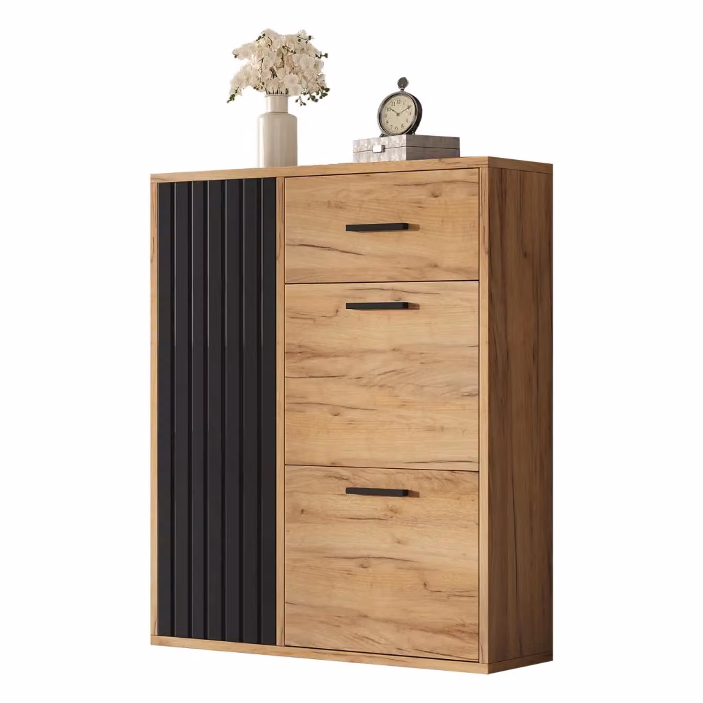 Scarpiera Minimal Nero e Rovere con 1 Cassetto e 2 Ante L: 80 cm, P: 24 cm, H: 95.5 cm – 2
