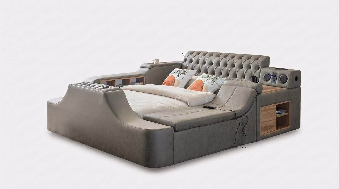Letto multifunzionale Chesterfield grigio, con sistema per sollevare la TV, spazio contenitivo e altoparlanti