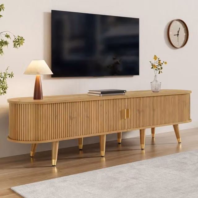 Mobile TV con ante scorrevoli cassetti e ripiani aperti in MDF finitura legno con dettagli dorati 175 × 38 × 45 cm