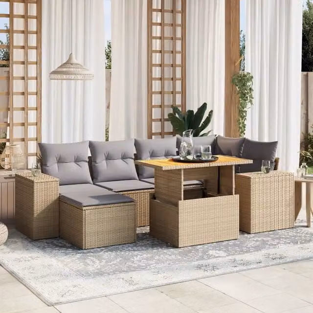 Set di Divani da Giardino a L vidaXL in Polyrattan con Cuscini Beige e Grigio per Esterno – 1