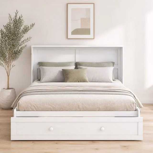 Letto a scomparsa matrimoniale 140x200 cm con cassetto e mensole; bianco