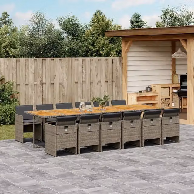 Set da pranzo da giardino vidaXL in legno di acacia e rattan con piano estensibile, colore grigio e marrone, 13 pezzi