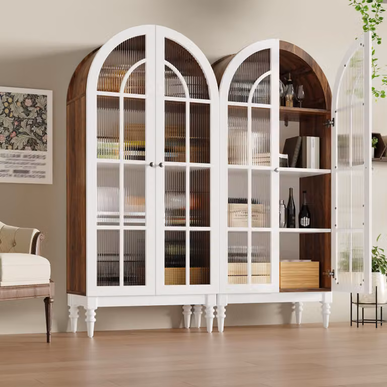 Flieks 2: Armadio alto con ante in vetro, 2 pensili da cucina con finitura effetto legno, 2 credenze da 76x38,5x165 cm, colore bianco