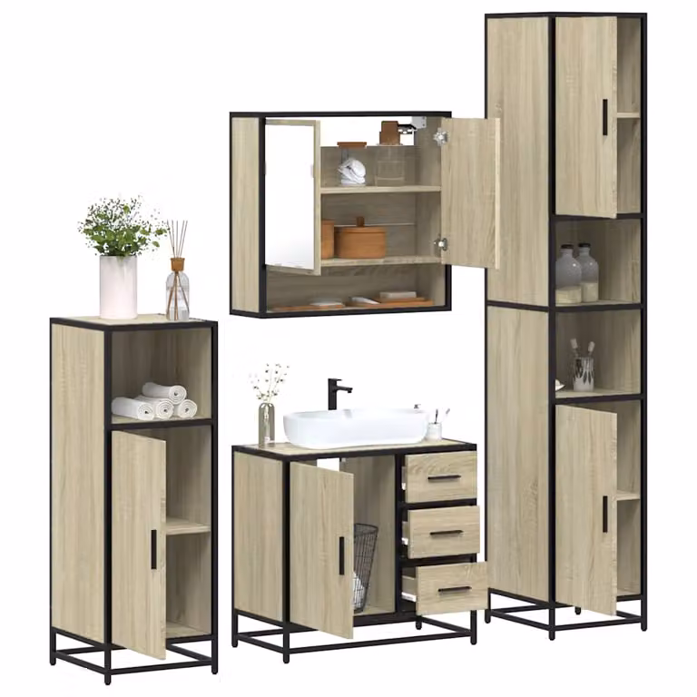 Set di mobili da bagno industrial vidaXL composto da 4 pezzi in legno e metallo, colore marrone e beige, con armadietto specchio, mobile lavabo, mobile laterale e colonna alta