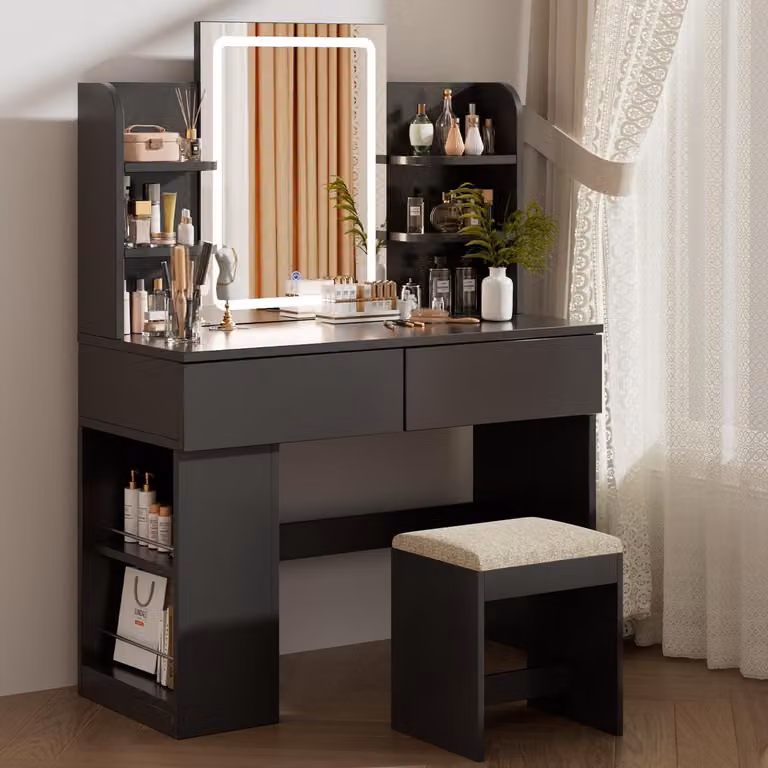 Comò da trucco con illuminazione a LED, poggiapiedi e specchio, 2 cassetti, temperatura del colore e luminosità regolabili, colore nero