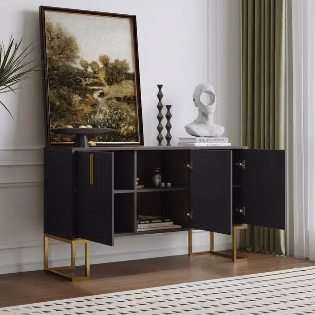 Credenza a 3 ante con ripiani regolabili in MDF nera per soggiorno cucina e sala da pranzo 138 × 40 × 80;5 cm