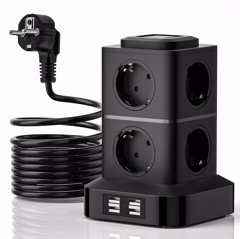 Multipresa torre - Prolunga elettrica - 8 prese - 4 porte USB-A - Cavo 3 m - Per casa e ufficio