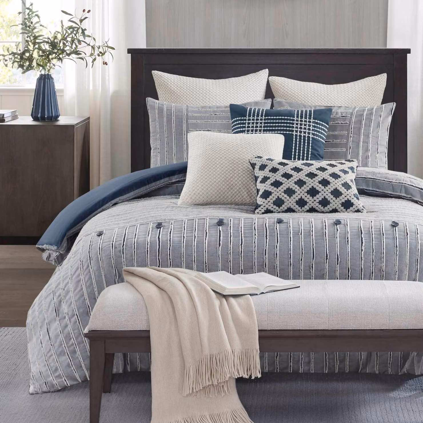 Set di lenzuola matrimoniali 8 pezzi, cotone jacquard, oversize, blu