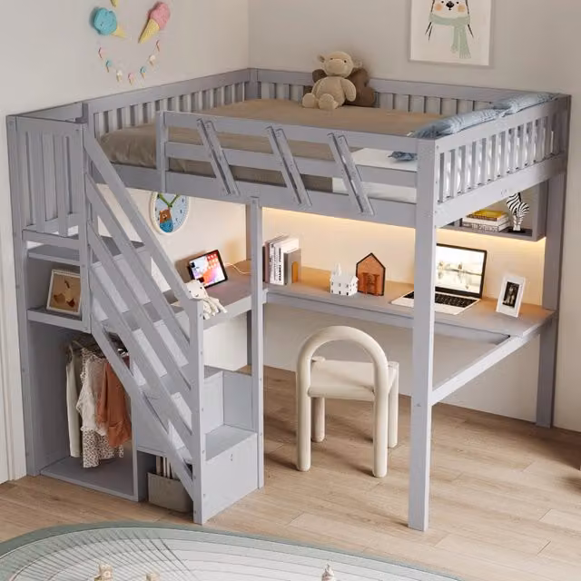 Letto a soppalco 140 × 200 cm con scrivania; scale contenitore; illuminazione LED e prese USB in legno grigio