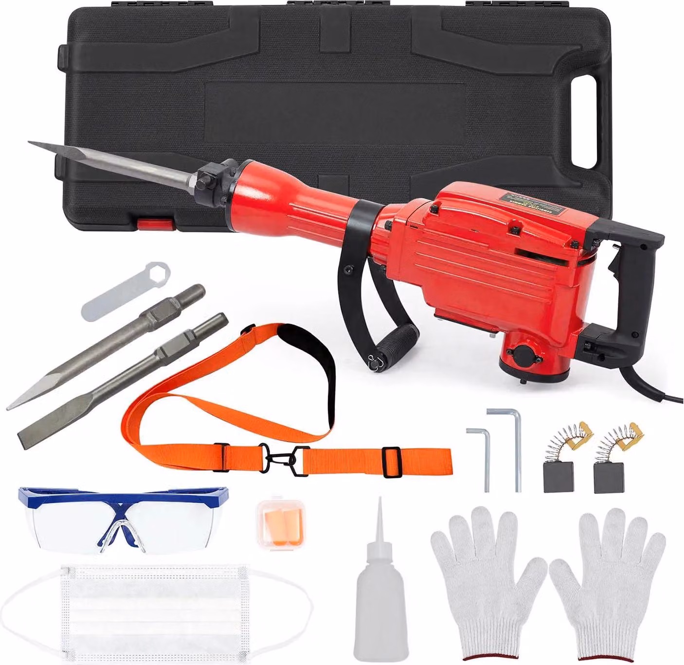 Martello demolitore elettrico - Martello scalpellatore - 1700 W - 1400 colpi/min - Motore brushless - 3 scalpelli - 220 V CA - Rosso