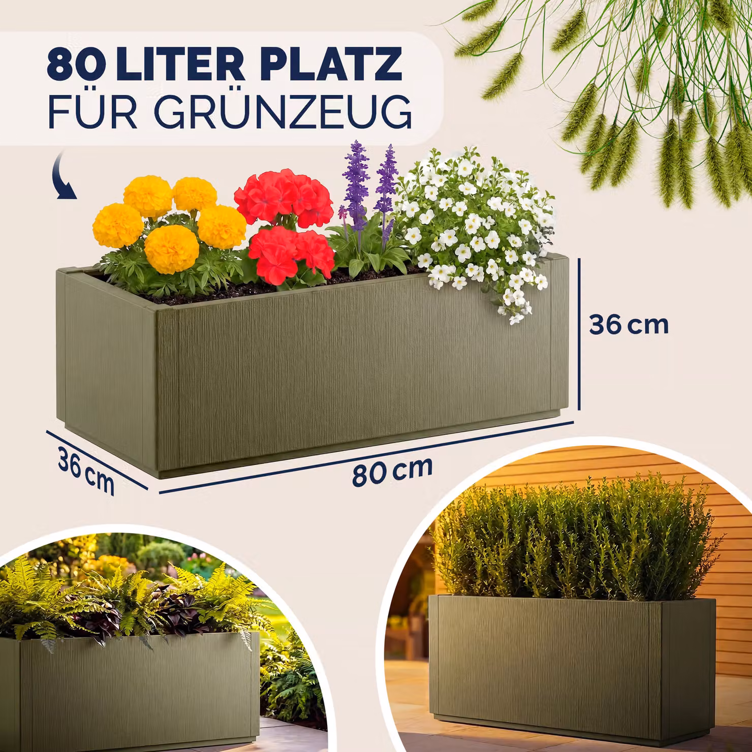Vaso da fiori tub CASARIA in plastica, disponibile nei colori antracite o verde, L: 80 cm, P: 36 cm, H: 36 cm – 2