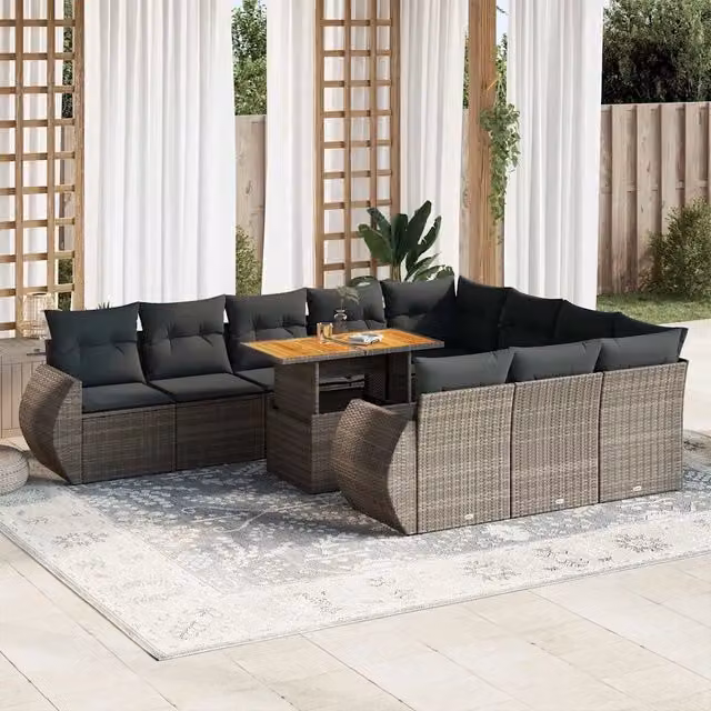 Set di divani da giardino vidaXL in polyrattan e legno di acacia oliato con cuscini, 11 pezzi, grigio
