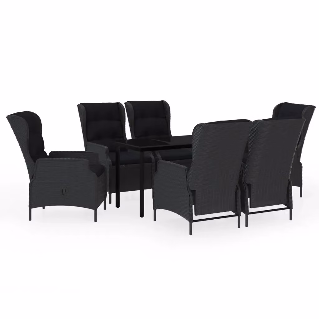 Set da pranzo da giardino moderno vidaXL in metallo e rattan con tavolo in vetro, 7 pezzi, Grigio e Nero – 2