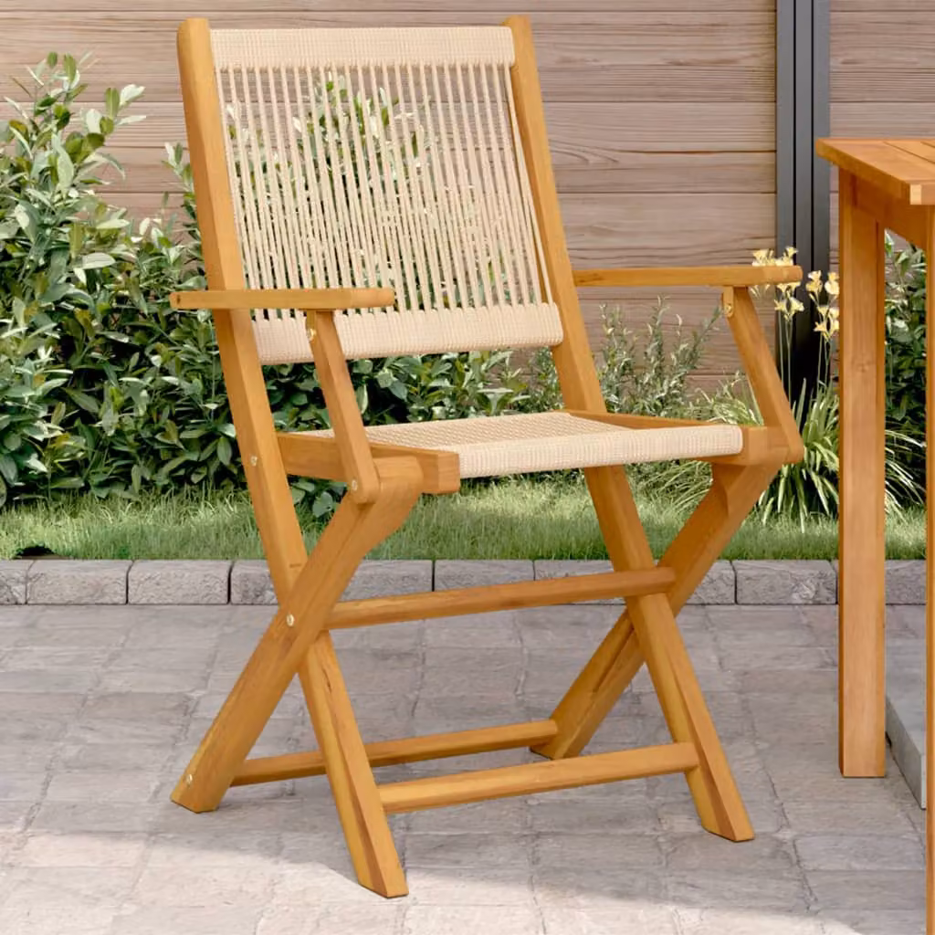 Set di 2 sedie pieghevoli vidaXL in legno di acacia e polipropilene beige con braccioli, impilabili per giardino e terrazzo