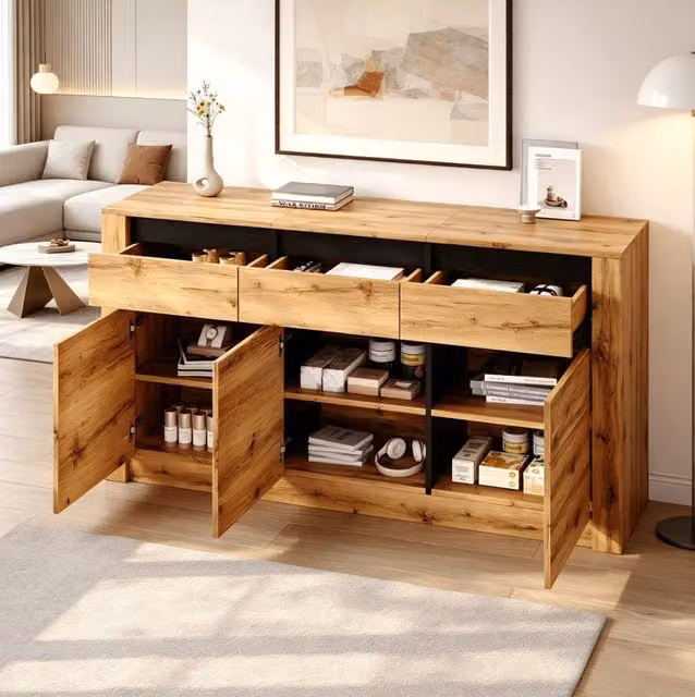 Mobile 140×35×70 cm in truciolato con 3 cassetti e 3 armadietti regolabili, sideboard color legno naturale