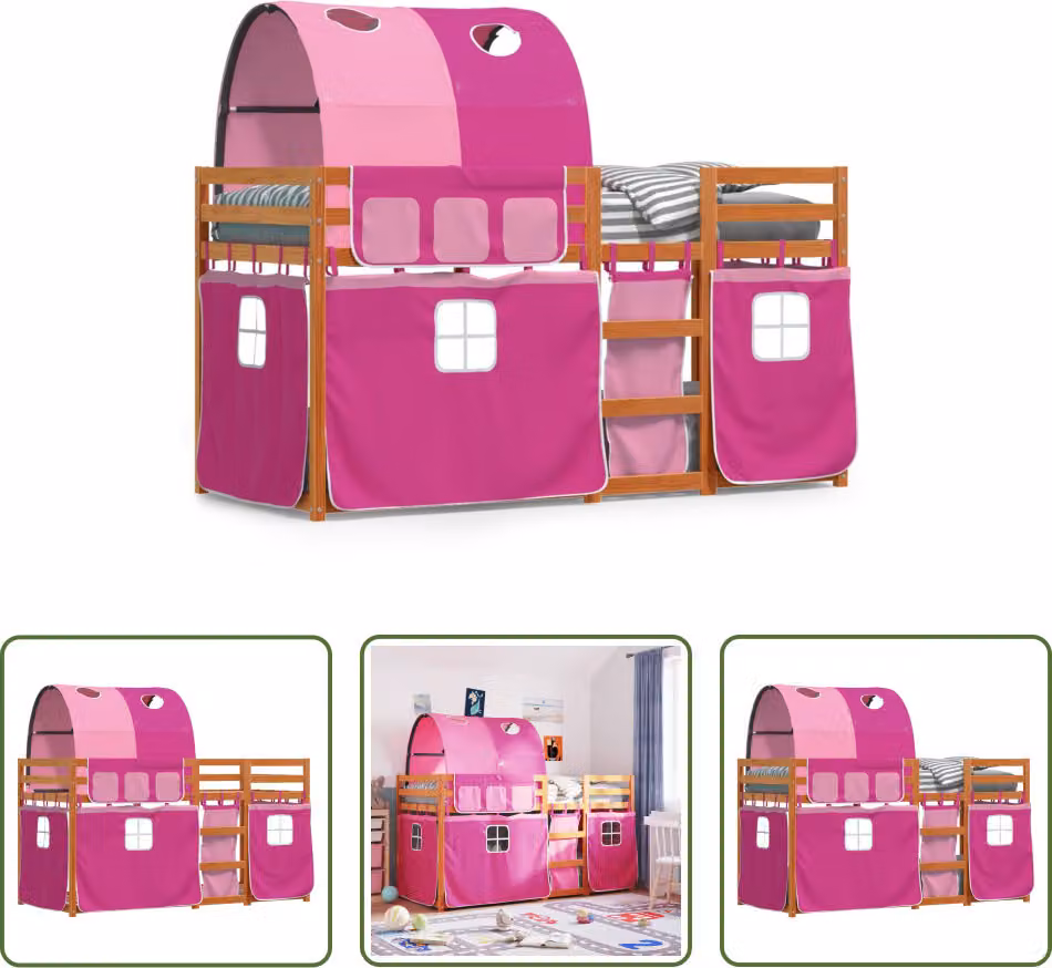 The Living Store Letto a castello con tende rosa 90x200 cm in legno di pino massiccio