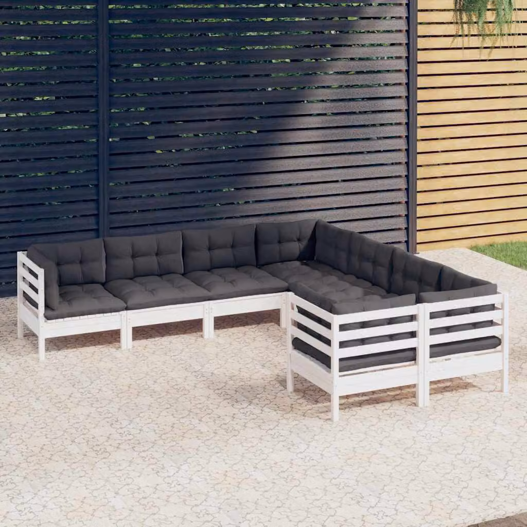 Set di divani da giardino vidaXL a forma di L composto da 8 pezzi in legno di pino con cuscini bianchi e antracite