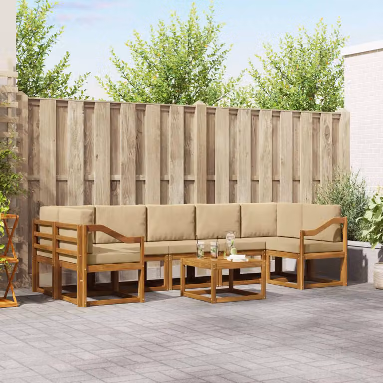 Set di divani da esterno vidaXL a forma di L in legno di acacia con tavolo da caffè e cuscini, Beige e Marrone