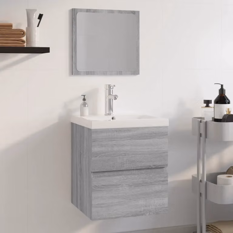 Set di mobili da bagno moderno vidaXL con mobile lavabo e pensile con specchio, Grigio e Bianco, L/P/H: 76,7 x 45 x 41 cm
