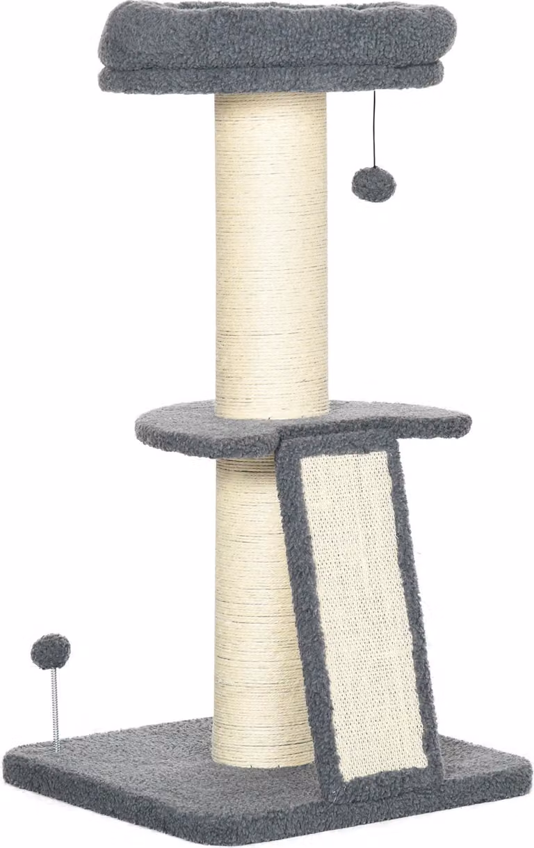 Albero per gatti Moonbite con piattaforma, fusto in sisal e due palline giocattolo, altezza 92 cm, adatto a gatti fino a 5 kg, realizzato in poliestere, colore grigio scuro e crema