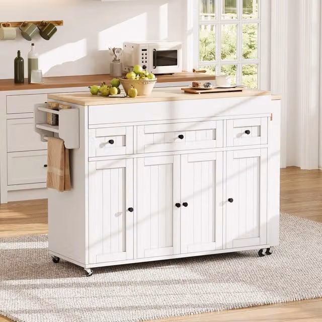 Carrello da cucina con piano estraibile, 3 cassetti e portaspezie, per cucina e sala da pranzo, bianco, 137-190,6 × 45,2 × 92 cm