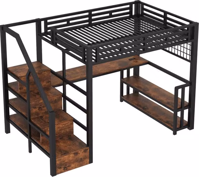 Letto a soppalco moderno in metallo nero con scrivania, ripiani, illuminazione LED e porte USB/Type-C, L/P: 140 x 200 cm – 1