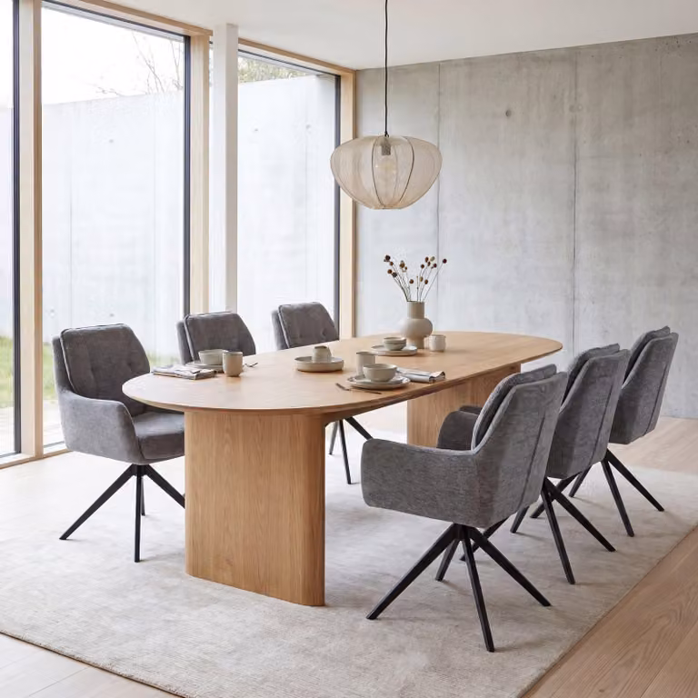Set di 6 sedie da pranzo modello HWC-Q37, sedia girevole per cucina con sistema di ritorno automatico, rivestita in tessuto chenille (680g/m²), struttura in metallo, colore grigio