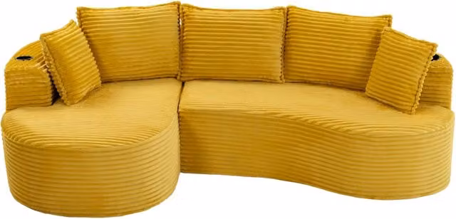 Divano ad arco 250x152x82 cm in velluto a coste con portabevande e tasche; giallo senape