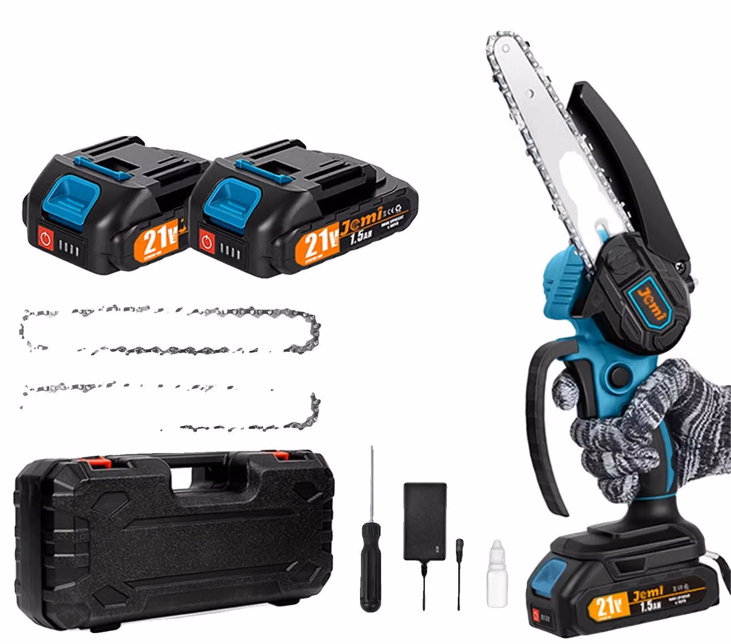 Motosega a batteria, design leggero, montaggio rapido, 2 batterie, scatola in plastica