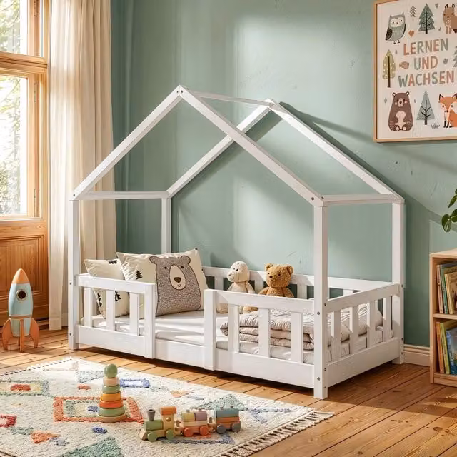 Letto per cameretta Treviolo en.casa a forma di casetta in stile Montessori in legno di pino laccato bianco L/P/H: 140 x 70 x 118 cm – 1