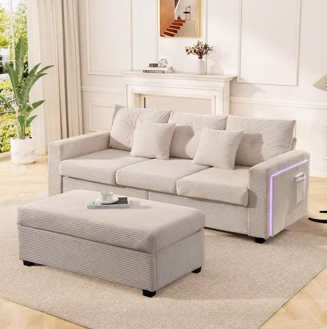 Divano modulare angolare ULEVR beige con LED controllabili tramite app, pouf 98x51 cm e 5 cuscini in velluto a coste
