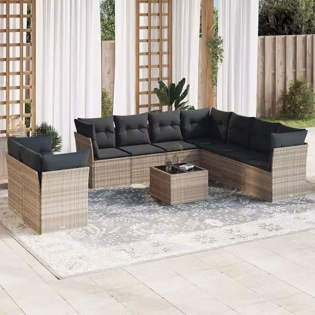 Set Divano Giardino 10 pz con Cuscini Grigio Chiaro Polyrattan 3217852