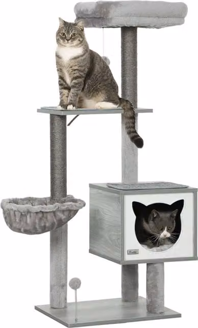 Albero per gatti PawHut con amaca, giochi integrati e tiragraffi in sisal naturale, grigio, L/P/H: 40 x 48 x 126 cm – 1