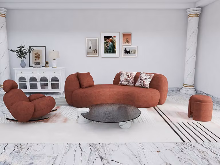 Salotto: Elegante set di divani 3 posti + 1 posto, tavolino da caffè di design, poggiapiedi imbottiti