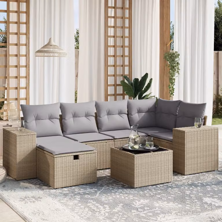 vidaXL Set Divano da Giardino 7 pz a L con Cuscini Beige e Grigio in Polyrattan e Acciaio