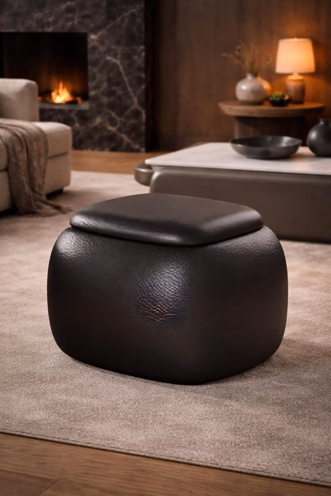 Pouf in pelle nera. Poggiapiedi di design, esclusivi e con vano portaoggetti