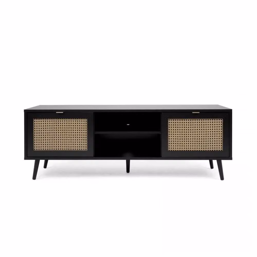 Mobile porta TV Vienna56A con 2 ante e vano a giorno, effetto vimini, colore nero, L: 150 cm, P: 40 cm, H: 52 cm – 2